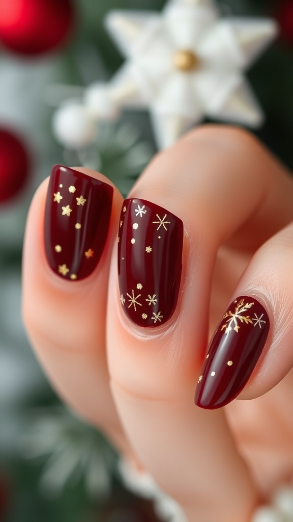 Elegant maroon Christmas nails with gold accents and holiday designs.